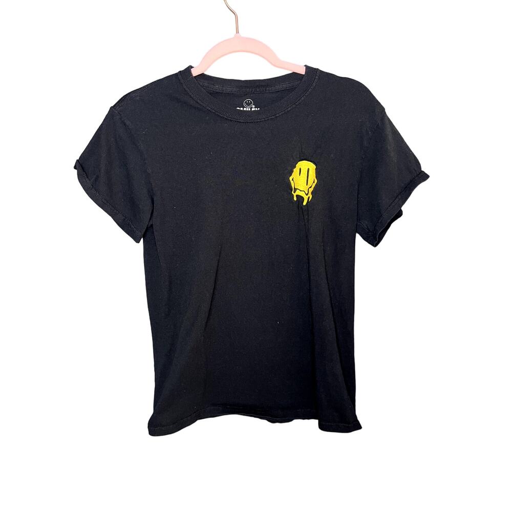 Smiley 100% Cotton Embroidered Melting Smiley Face Black T-Shirt Sz Small Unisex